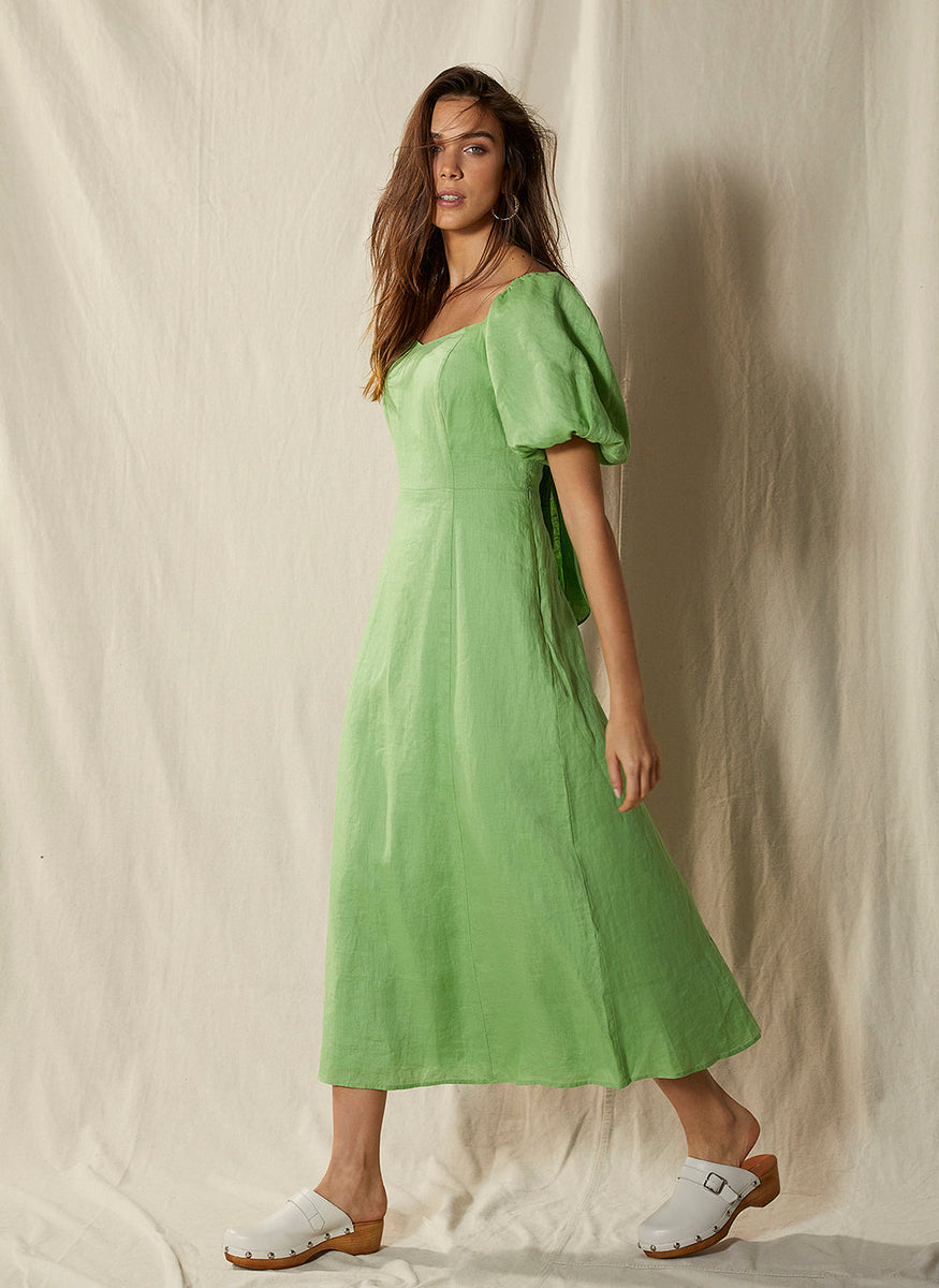 Green Puff Linen Midi Dress – Mint Velvet